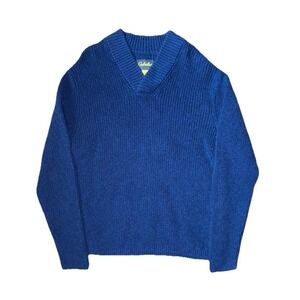 Cabela's‎ V-Neck Knit Sweater Mens L Cozy Blue Cotton Knit Grandpa Core